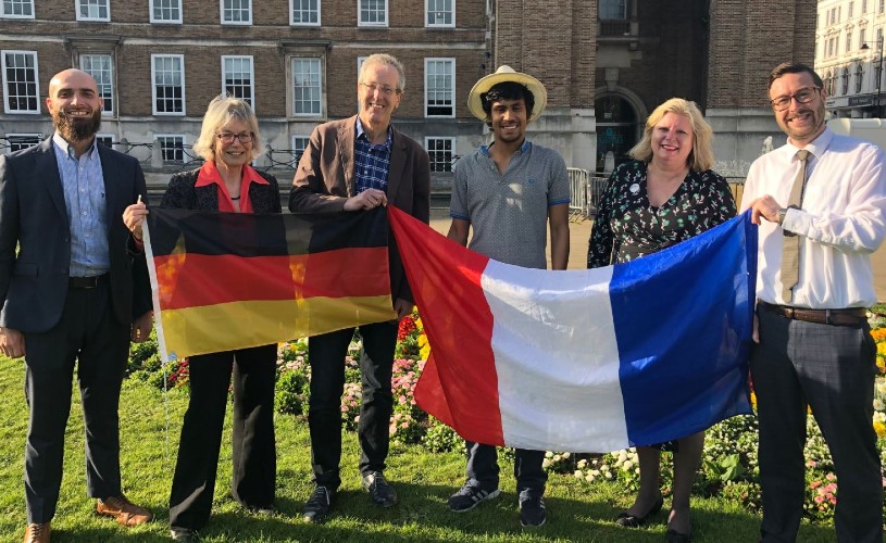People involved in Bristol, Bordeaux and Hannover twinning 75th anniversary on College Green